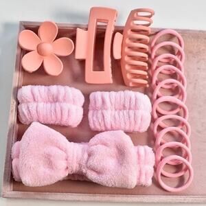 Pink Hair Accessory Set Clips Scrunchies Headband Elastics Cute Gift Bundle NEW